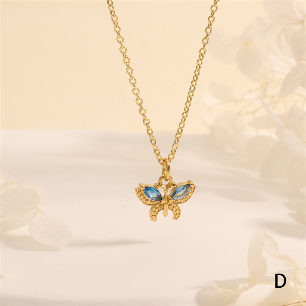 Butterfly Necklace For Women In IG Style, Electroplated Copper With 18K Gold Plating And Zircon Inlay On Cable Chain