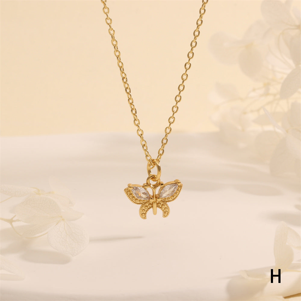 Butterfly Necklace For Women In IG Style, Electroplated Copper With 18K Gold Plating And Zircon Inlay On Cable Chain