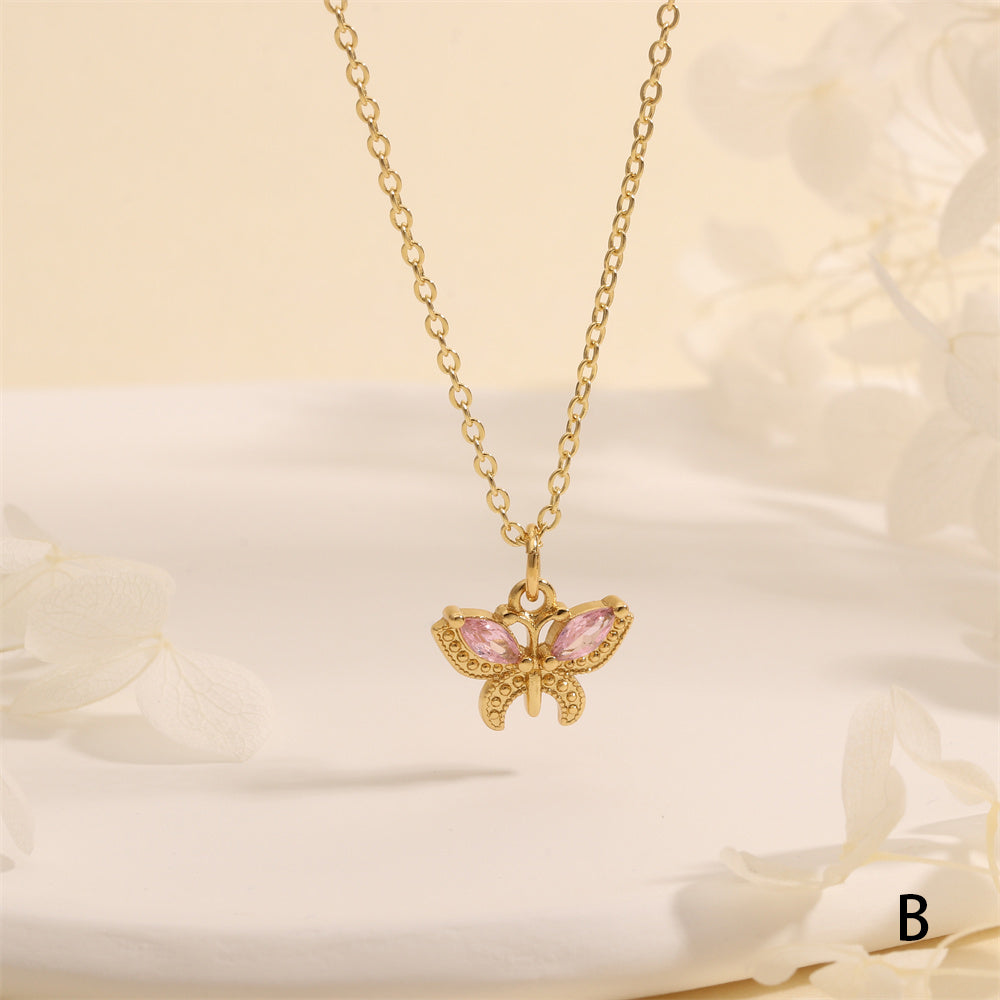Butterfly Necklace For Women In IG Style, Electroplated Copper With 18K Gold Plating And Zircon Inlay On Cable Chain