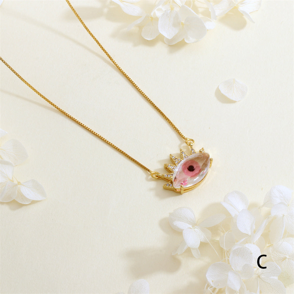 Devil's Eye Necklace With Inlay Crystal Glass, Electroplated Copper Featuring 18K Real Gold Plated Box Chain In IG Style