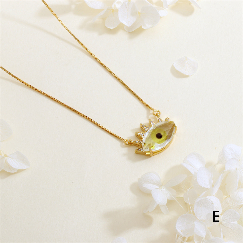Devil's Eye Necklace With Inlay Crystal Glass, Electroplated Copper Featuring 18K Real Gold Plated Box Chain In IG Style