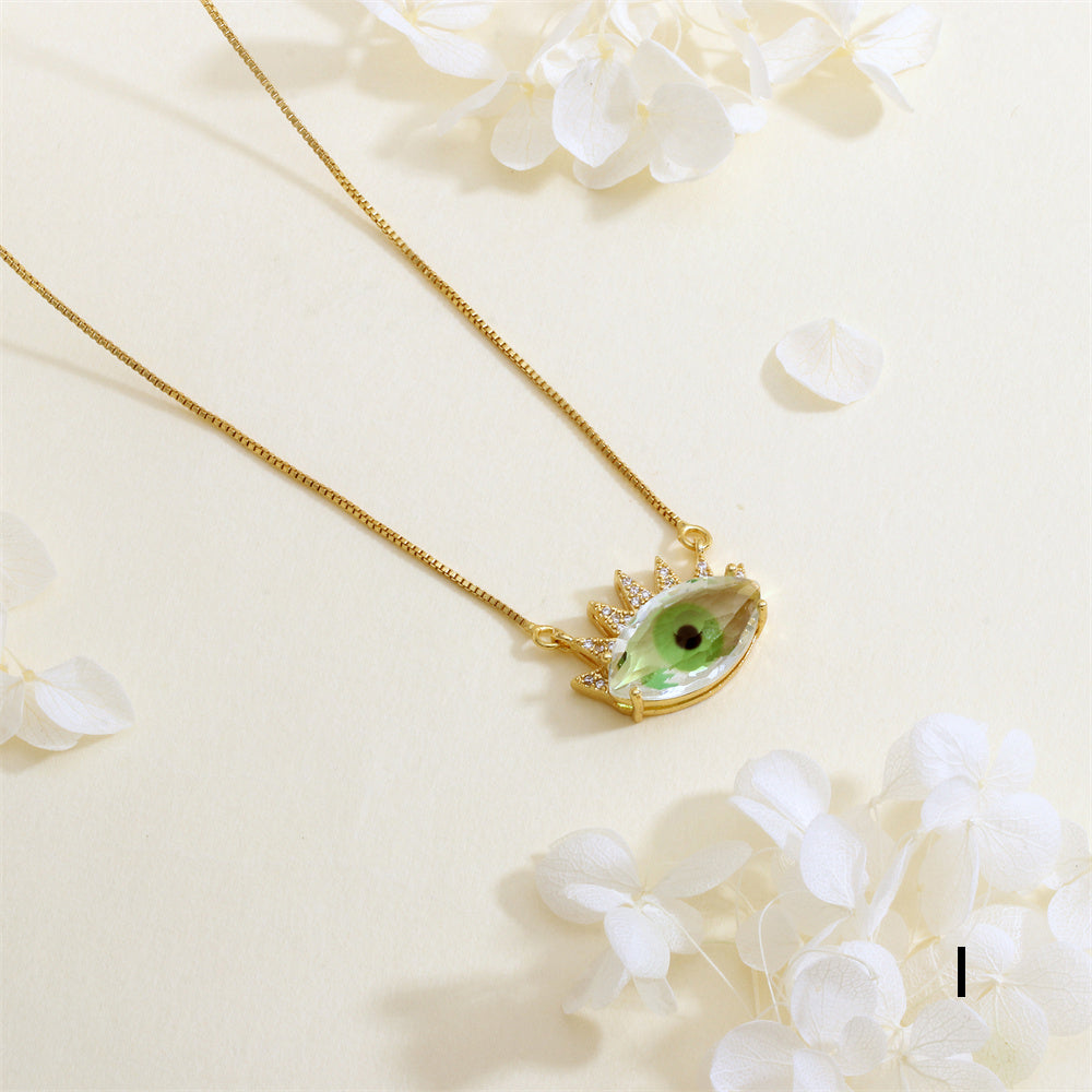 Devil's Eye Necklace With Inlay Crystal Glass, Electroplated Copper Featuring 18K Real Gold Plated Box Chain In IG Style
