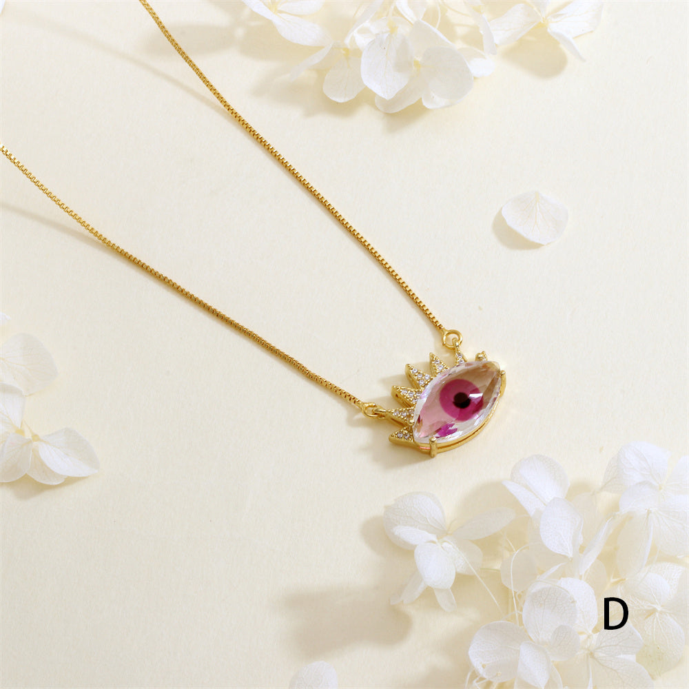 Devil's Eye Necklace With Inlay Crystal Glass, Electroplated Copper Featuring 18K Real Gold Plated Box Chain In IG Style