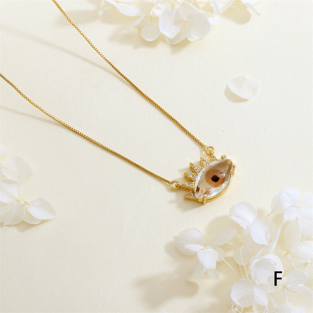 Devil's Eye Necklace With Inlay Crystal Glass, Electroplated Copper Featuring 18K Real Gold Plated Box Chain In IG Style