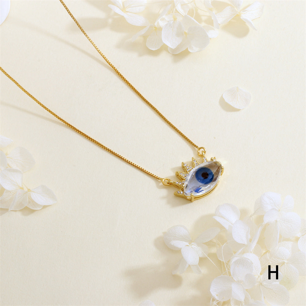 Devil's Eye Necklace With Inlay Crystal Glass, Electroplated Copper Featuring 18K Real Gold Plated Box Chain In IG Style