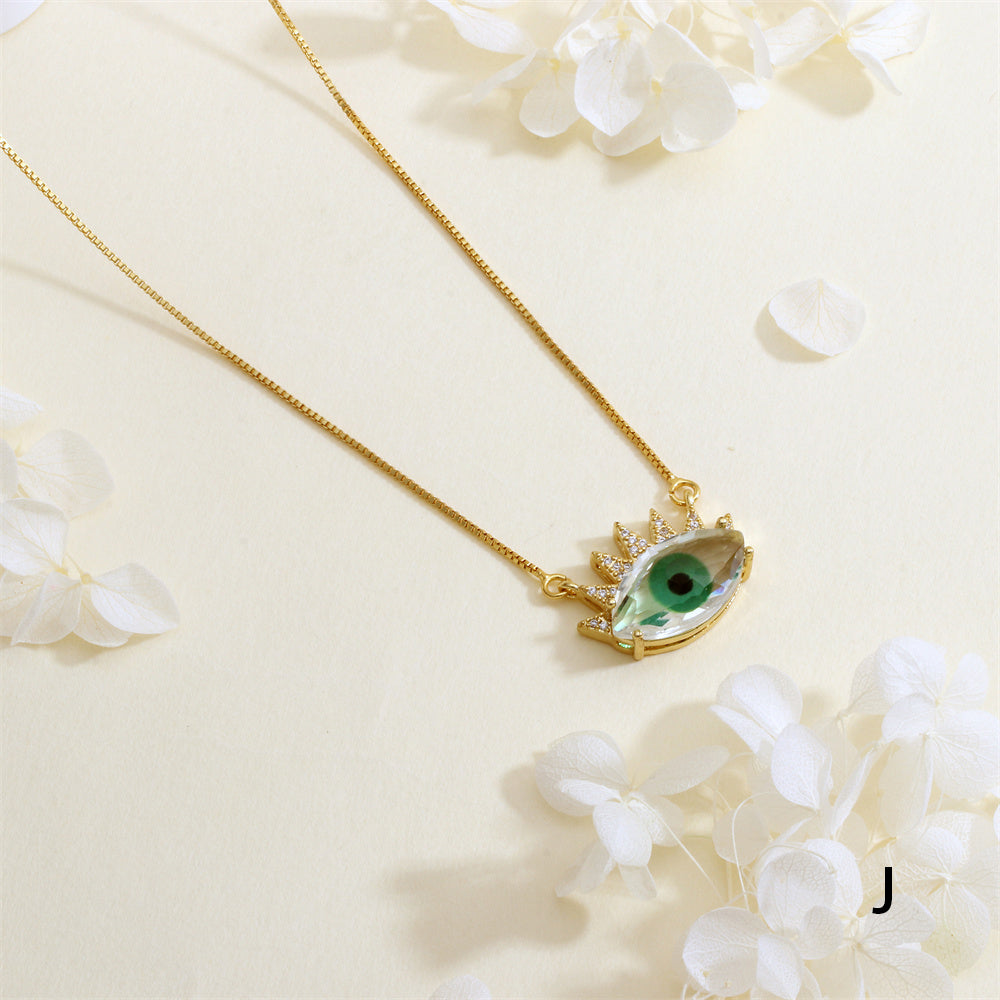 Devil's Eye Necklace With Inlay Crystal Glass, Electroplated Copper Featuring 18K Real Gold Plated Box Chain In IG Style