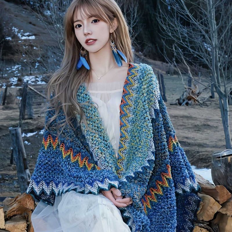 Long Cape For Women, Autumn And Winter Coat, Tassel Shawl, Scarf, Travel Vacation, Multi-color Floral Polyester