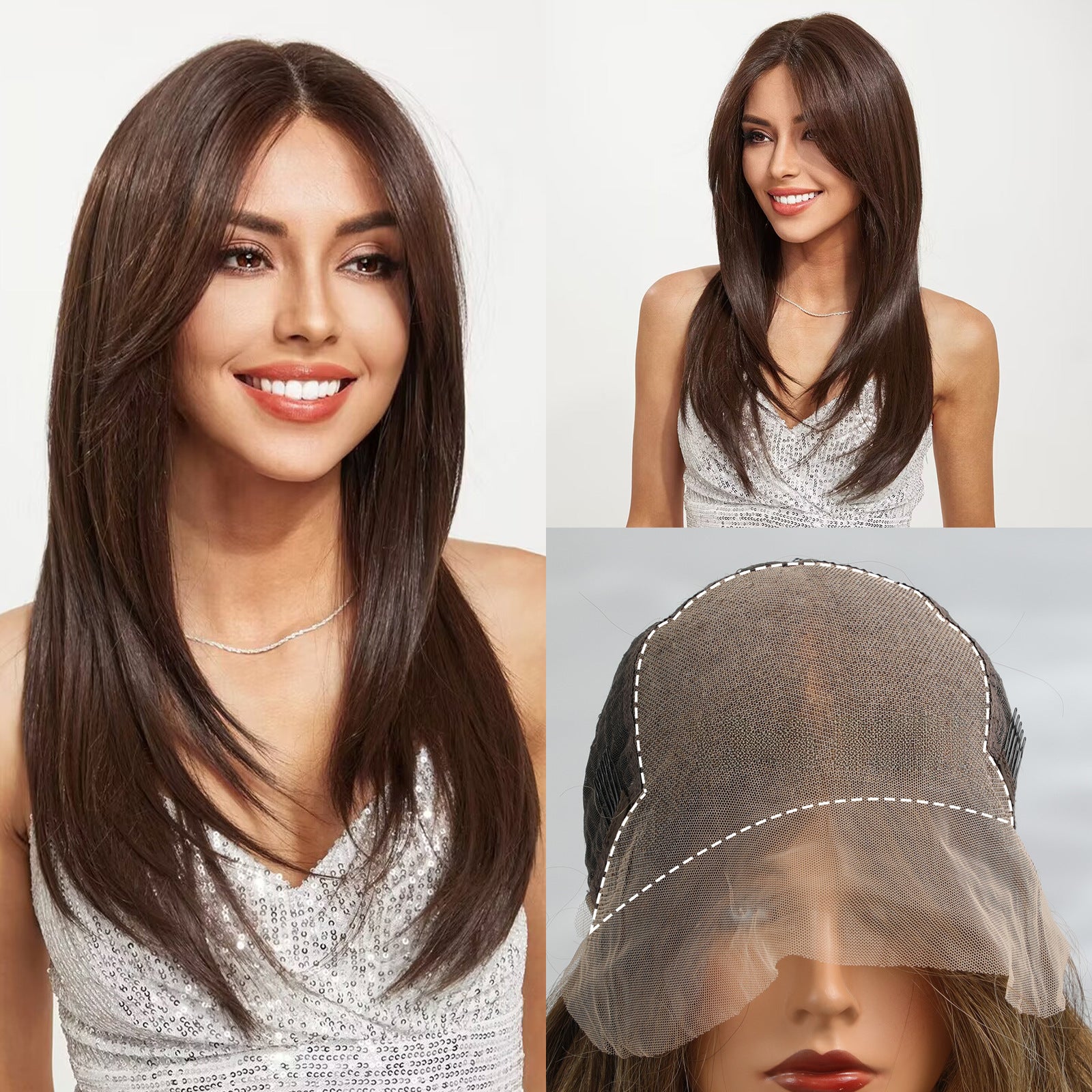 Supply Imported Silk 13*6 Large Area Lace Medium Black Brown Long Straight Wig Full Hair Wigs