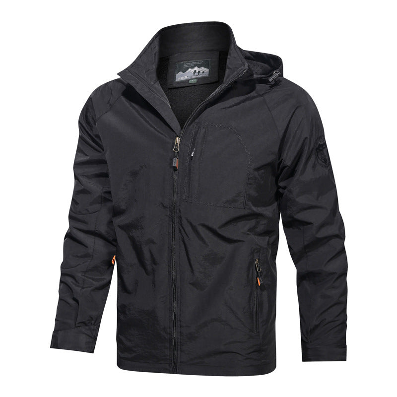 Men's Solid Color Hooded Jacket In Dyed Black, Made With Durable Polyester Fabric