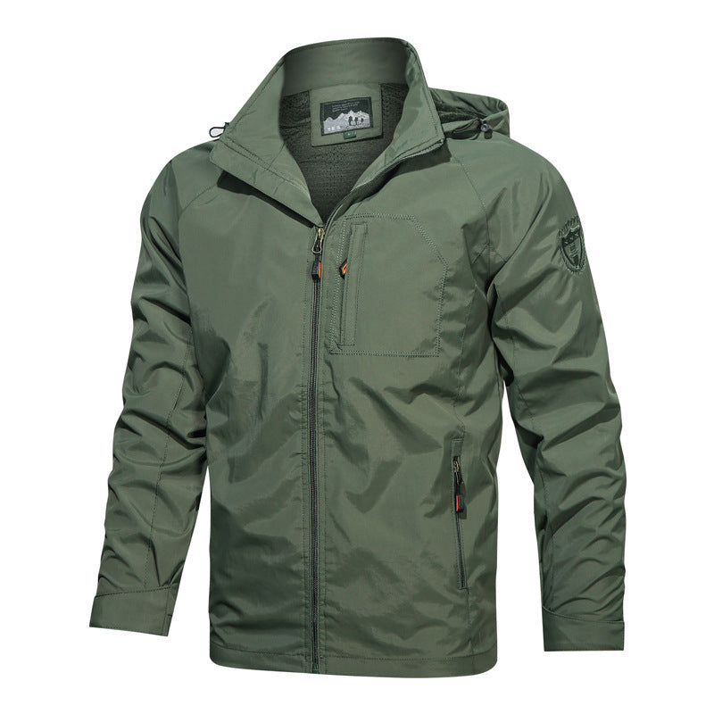 Men's Solid Color Hooded Jacket In Dyed Black, Made With Durable Polyester Fabric