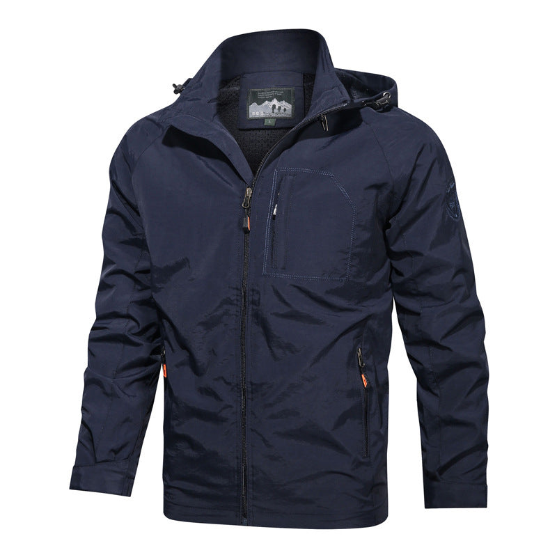 Men's Solid Color Hooded Jacket In Dyed Black, Made With Durable Polyester Fabric