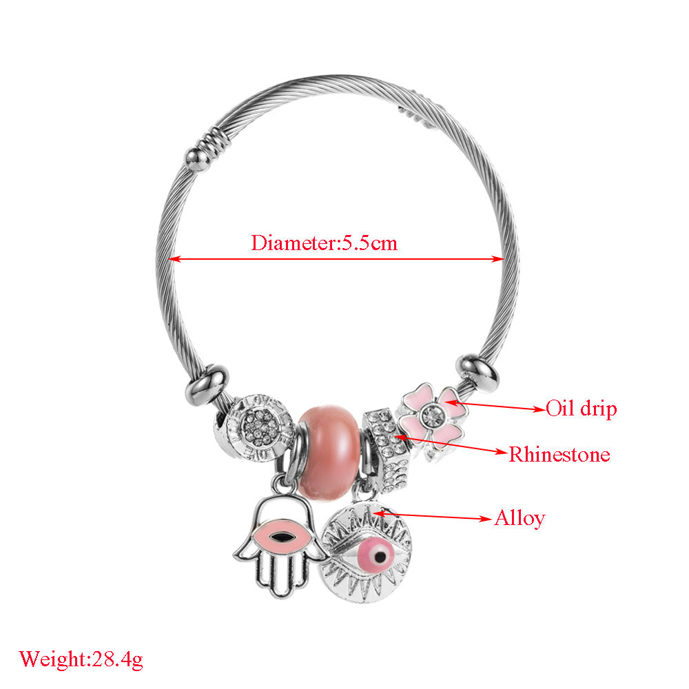 Devil's Eye Beaded Bracelet In Natural Pink Stainless Steel, Bohemian Style Unisex Accessory