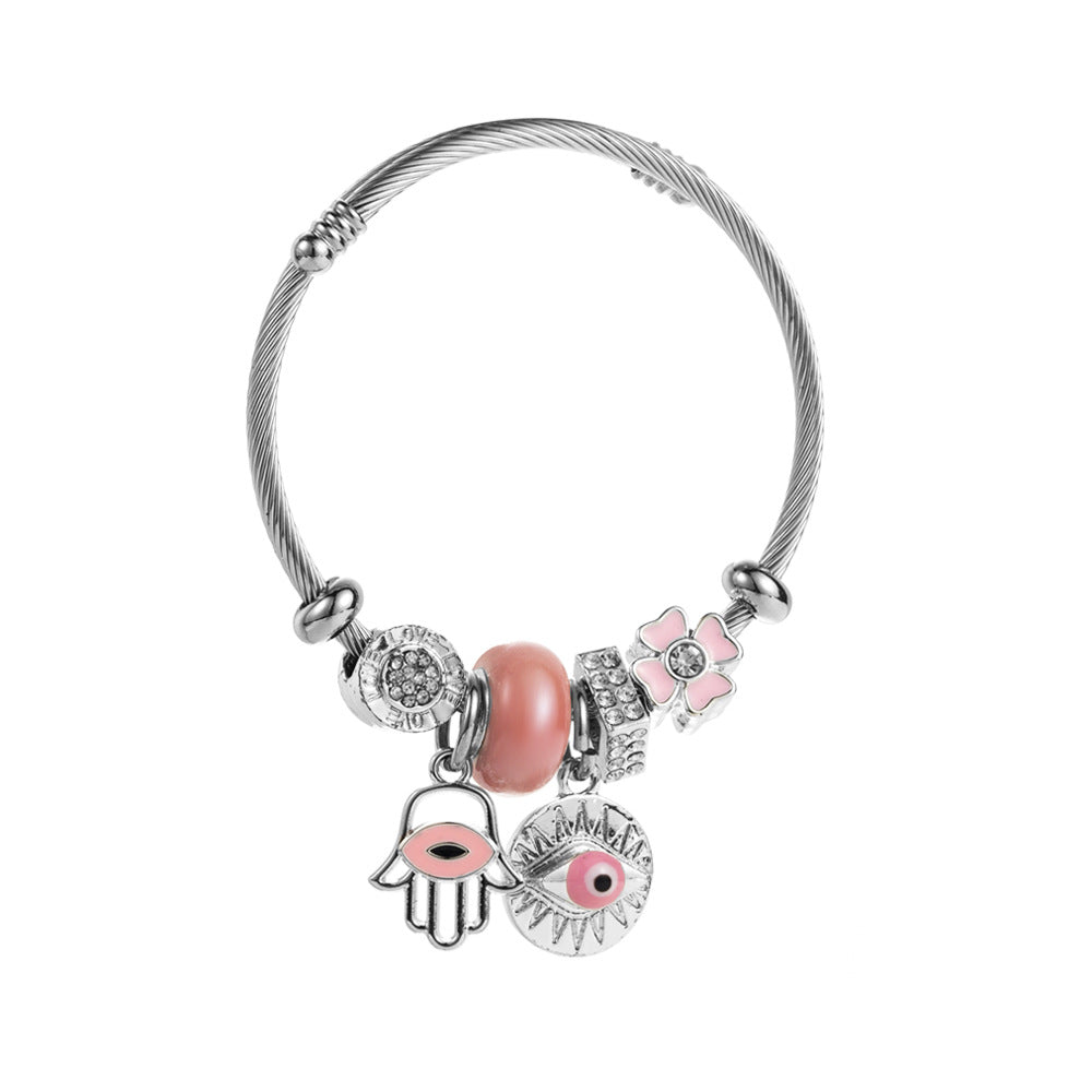 Devil's Eye Beaded Bracelet In Natural Pink Stainless Steel, Bohemian Style Unisex Accessory