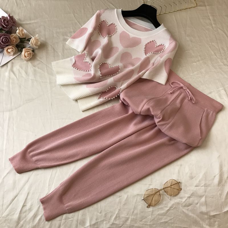 Color Block Pant Co-ord Set In Viscose Fiber With Knitted Craft, Preppy Style Casual Wear Featuring Regular Sleeves, 2 Pieces Set