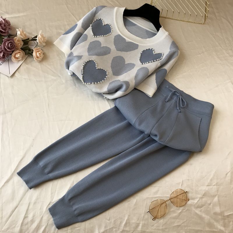 Color Block Pant Co-ord Set In Viscose Fiber With Knitted Craft, Preppy Style Casual Wear Featuring Regular Sleeves, 2 Pieces Set