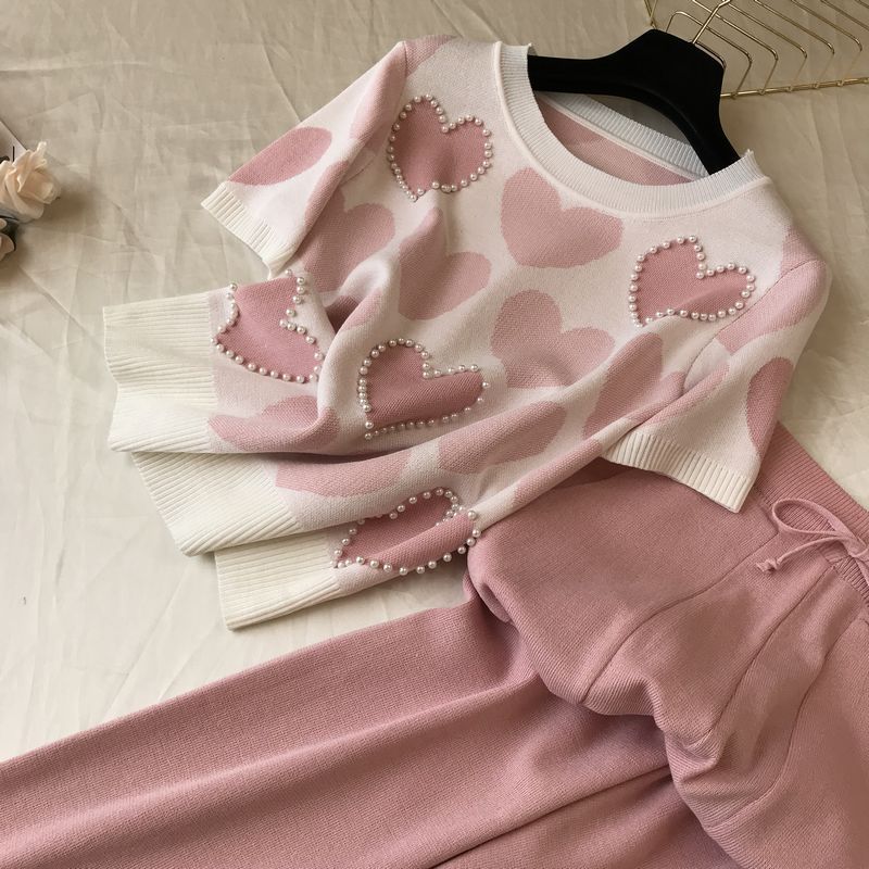 Color Block Pant Co-ord Set In Viscose Fiber With Knitted Craft, Preppy Style Casual Wear Featuring Regular Sleeves, 2 Pieces Set