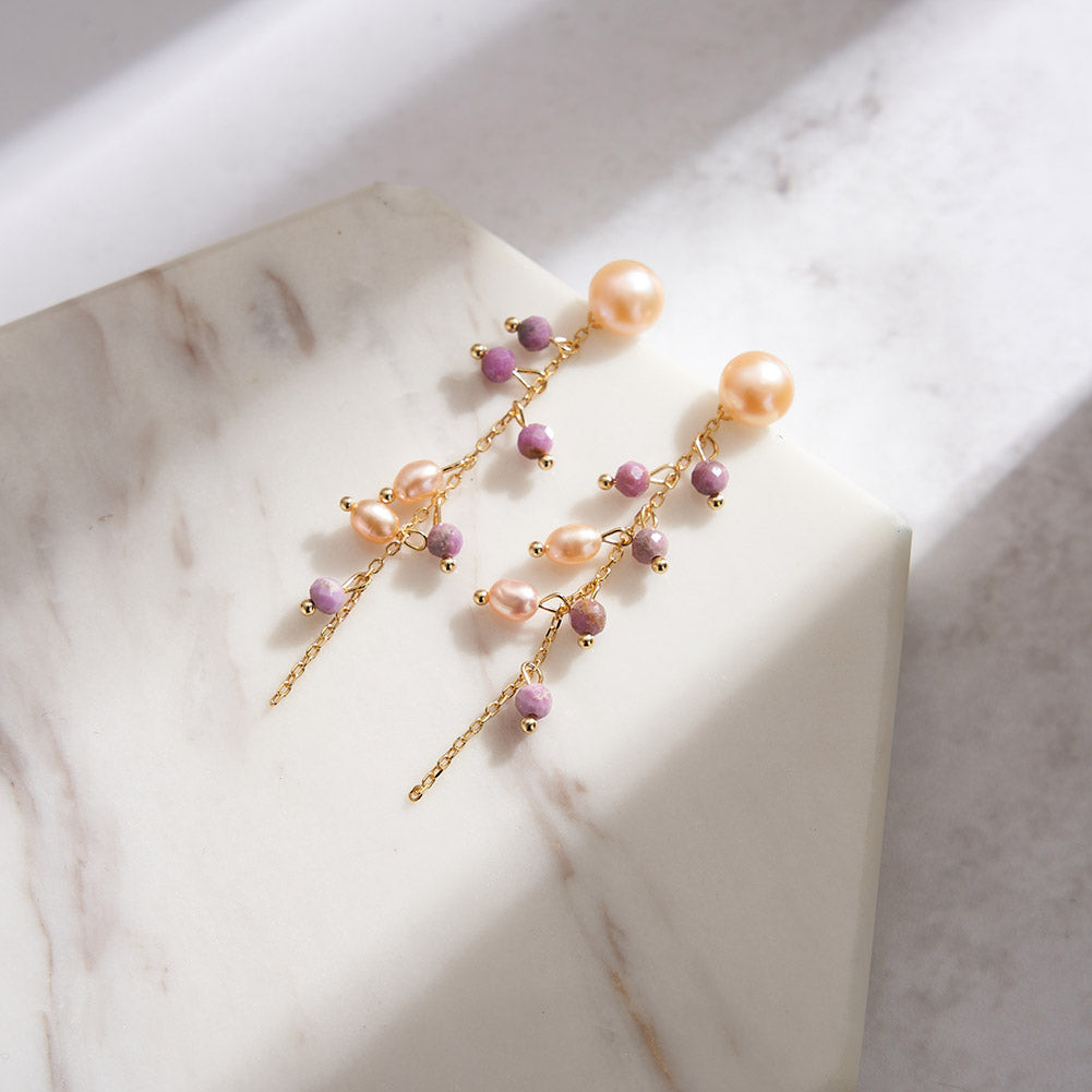 1 Pair 925 Sterling Silver Freshwater Pearl Plated 14K Real Gold Plated December Birthstone Turquoise Freshwater Pearl Geometric Tassel Drop Earrings