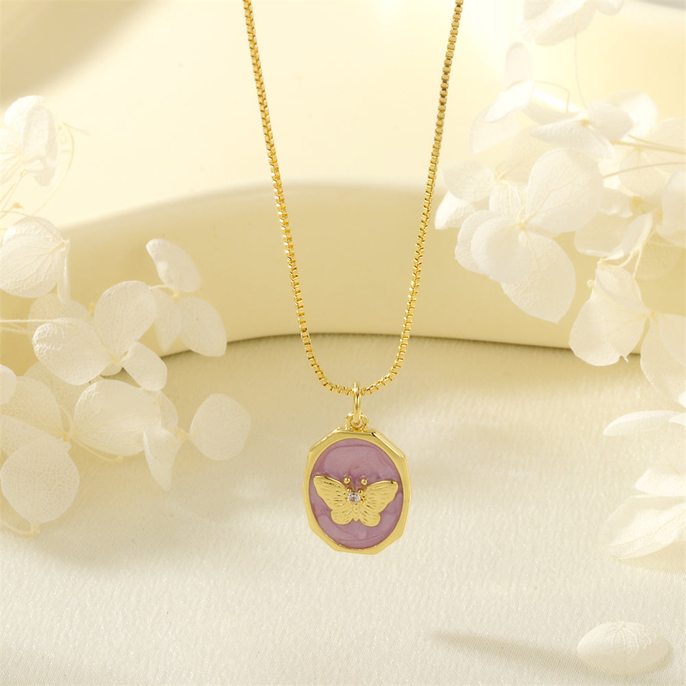 Butterfly Enamel Necklace In IG Style With 18K Real Gold Plated Copper And Electroplated Box Chain