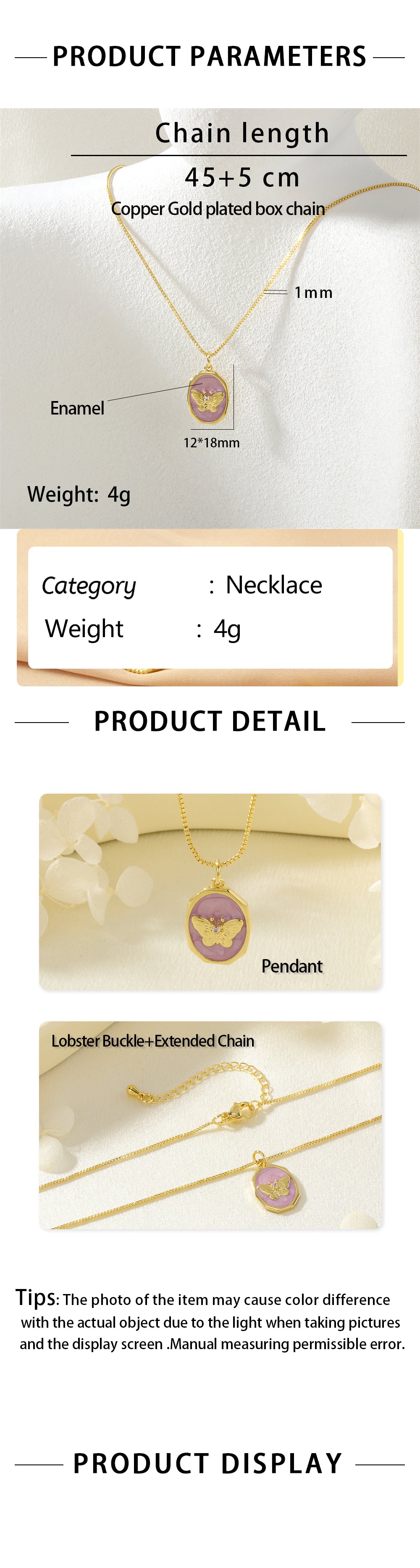 Butterfly Enamel Necklace In IG Style With 18K Real Gold Plated Copper And Electroplated Box Chain