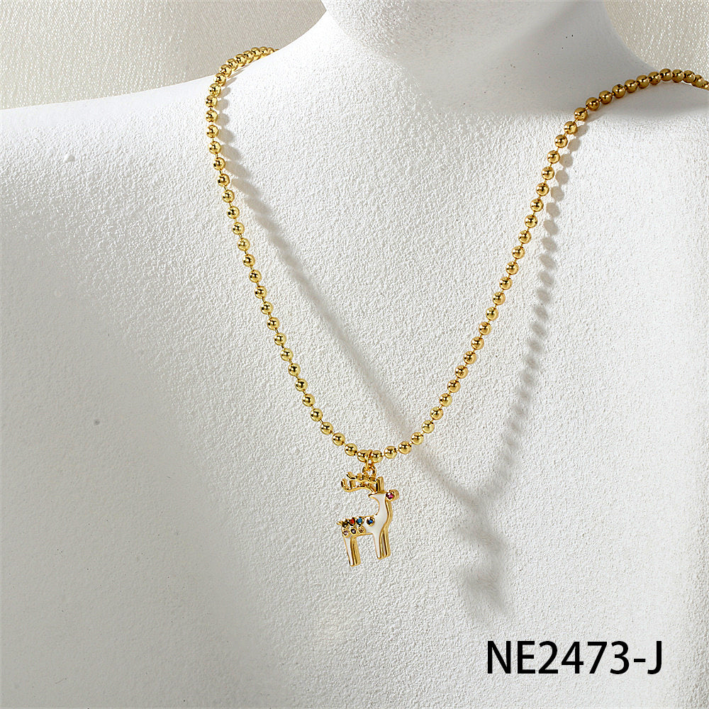 Geometric Enamel Necklace In IG Style For Unisex, Copper Material With Zircon Inlay, 18K Real Gold Plated, Featuring Bead Chain