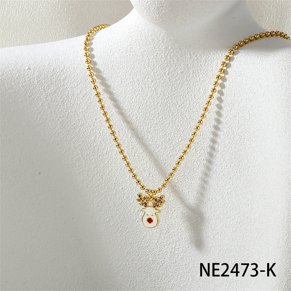 Geometric Enamel Necklace In IG Style For Unisex, Copper Material With Zircon Inlay, 18K Real Gold Plated, Featuring Bead Chain
