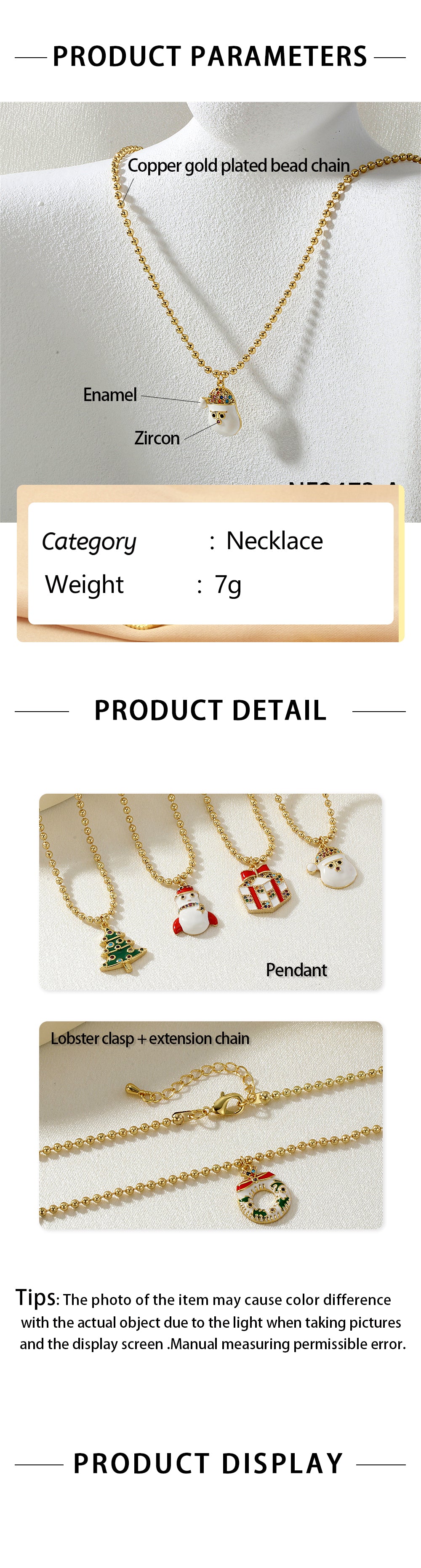 Geometric Enamel Necklace In IG Style For Unisex, Copper Material With Zircon Inlay, 18K Real Gold Plated, Featuring Bead Chain