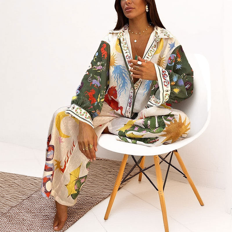 Women's Casual Set In Polyester Featuring Printing With Long Sleeve, Stylish And Elegant For Commuting