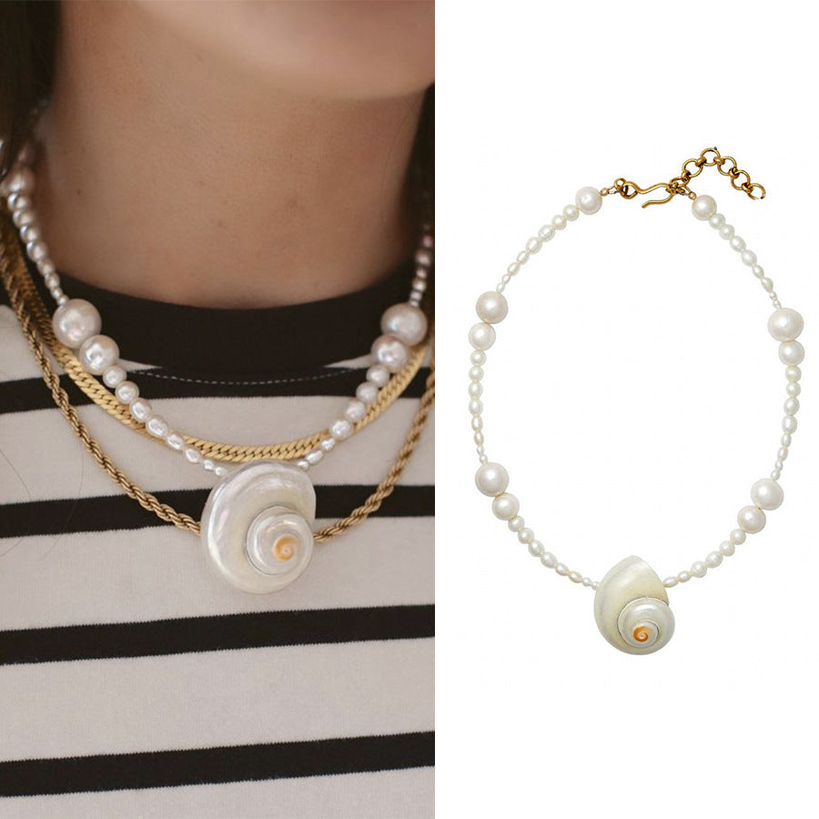 Conch Freshwater Pearl Titanium Steel Beaded Handmade Conch Pendant Necklace