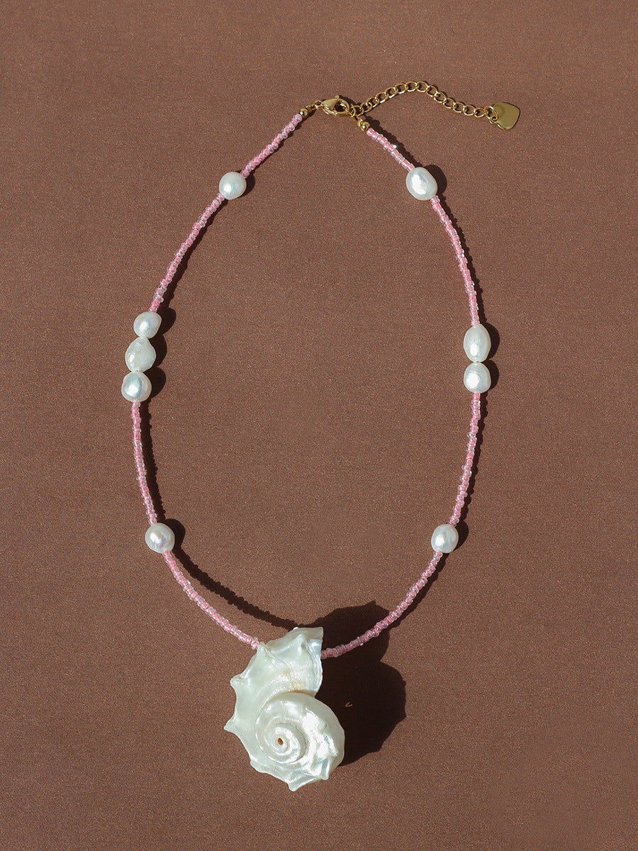 Conch Freshwater Pearl Titanium Steel Beaded Handmade Conch Pendant Necklace