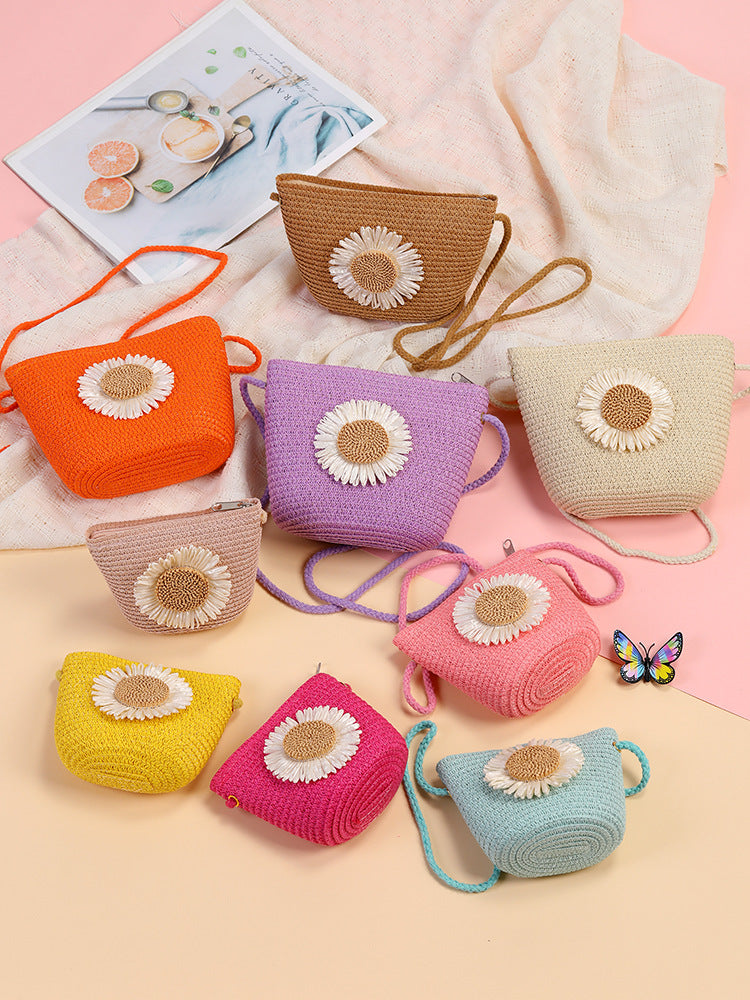 Cute Flowers Braid Straw Unisex Children's Coin Purse Featuring Wear-Resistant Material
