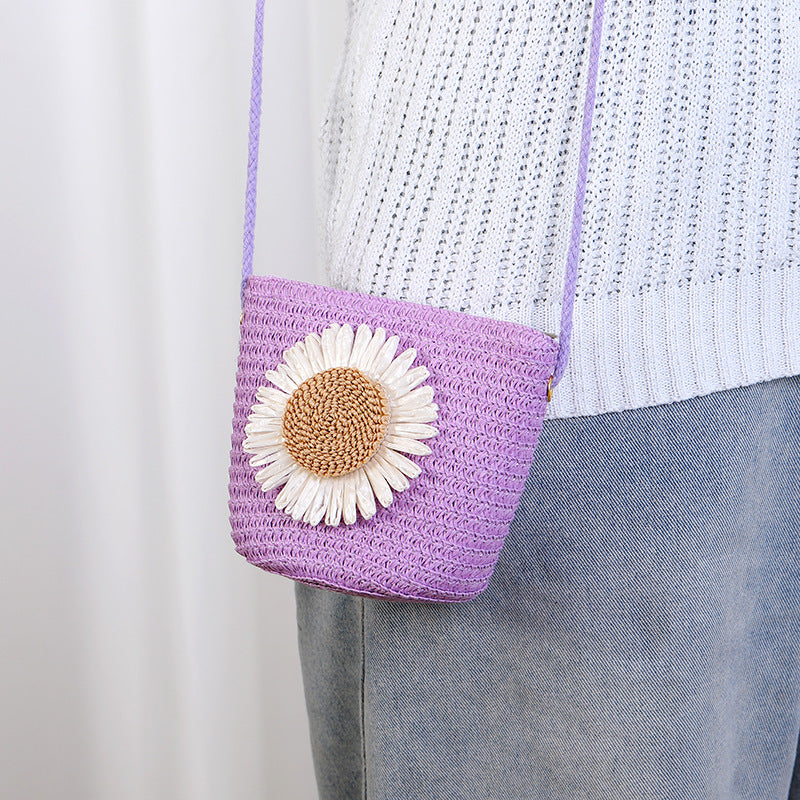 Cute Flowers Braid Straw Unisex Children's Coin Purse Featuring Wear-Resistant Material