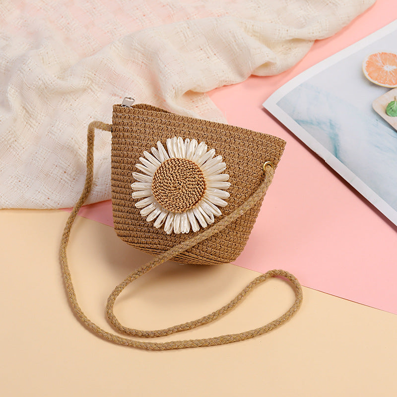Cute Flowers Braid Straw Unisex Children's Coin Purse Featuring Wear-Resistant Material