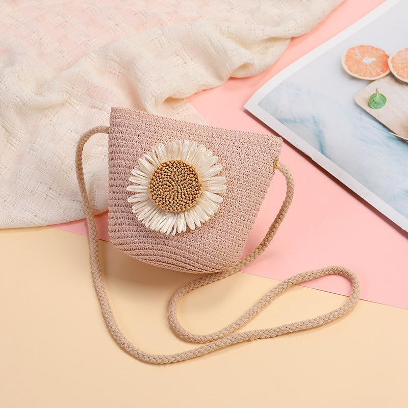 Cute Flowers Braid Straw Unisex Children's Coin Purse Featuring Wear-Resistant Material