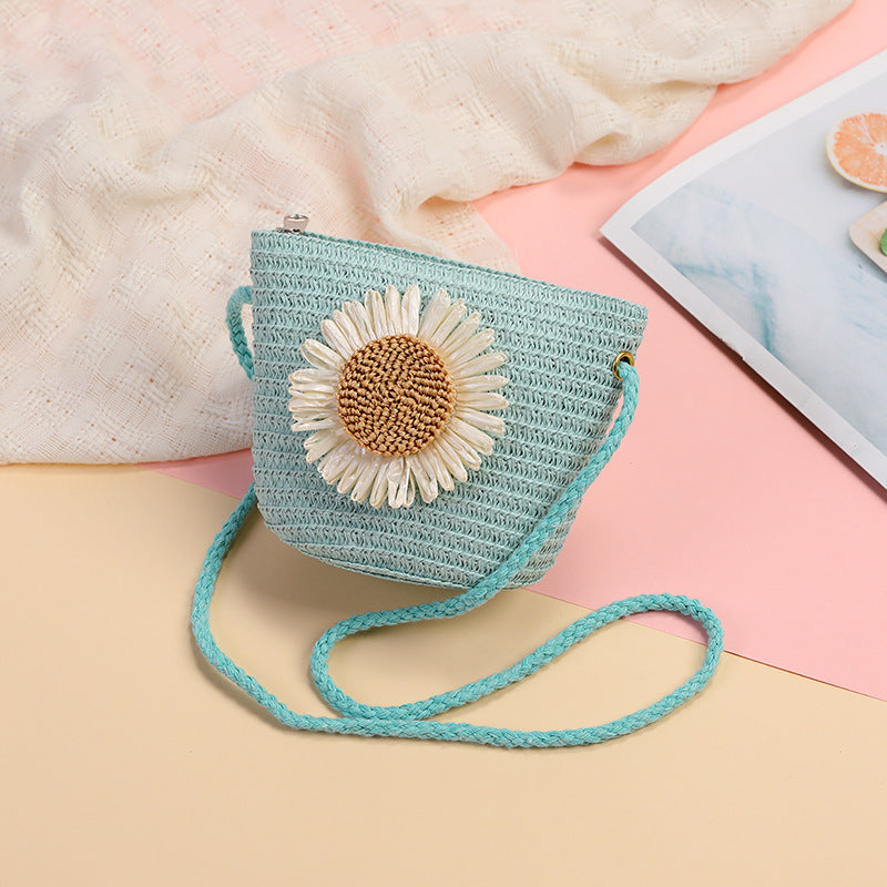 Cute Flowers Braid Straw Unisex Children's Coin Purse Featuring Wear-Resistant Material