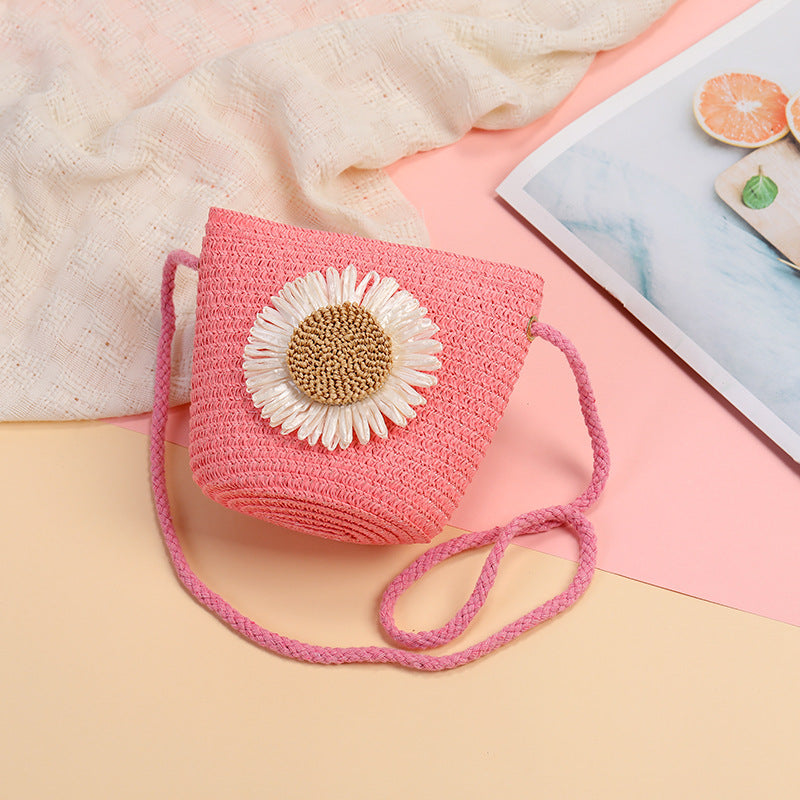 Cute Flowers Braid Straw Unisex Children's Coin Purse Featuring Wear-Resistant Material