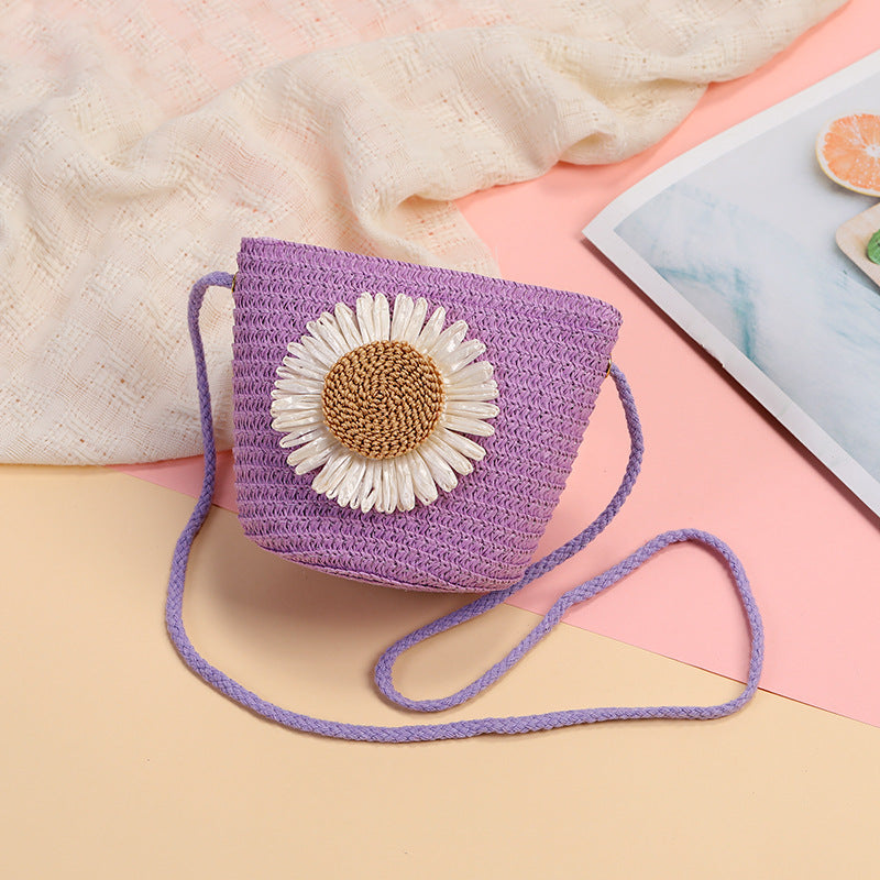 Cute Flowers Braid Straw Unisex Children's Coin Purse Featuring Wear-Resistant Material