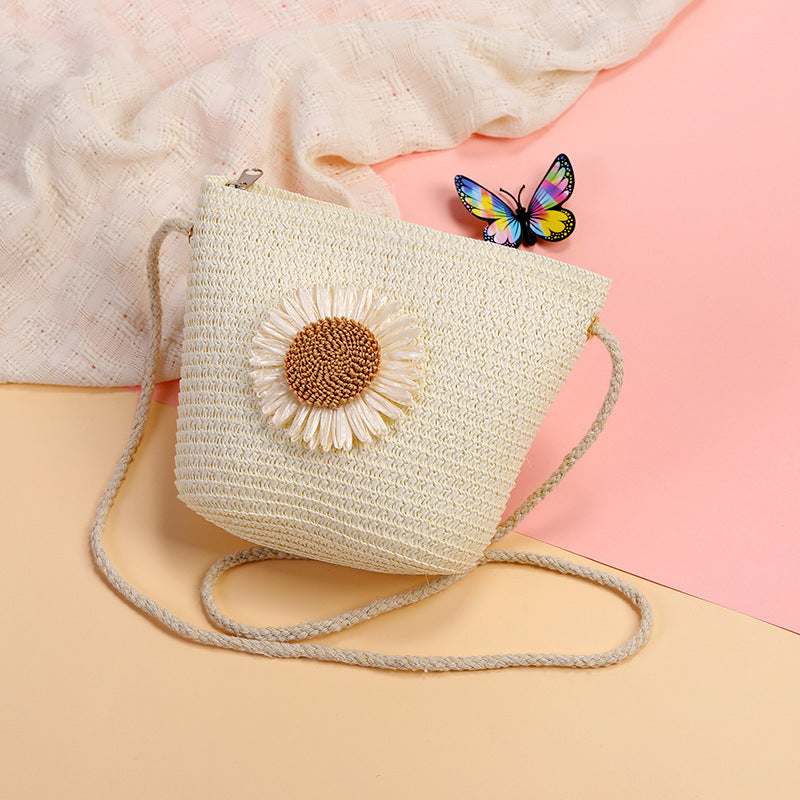 Cute Flowers Braid Straw Unisex Children's Coin Purse Featuring Wear-Resistant Material
