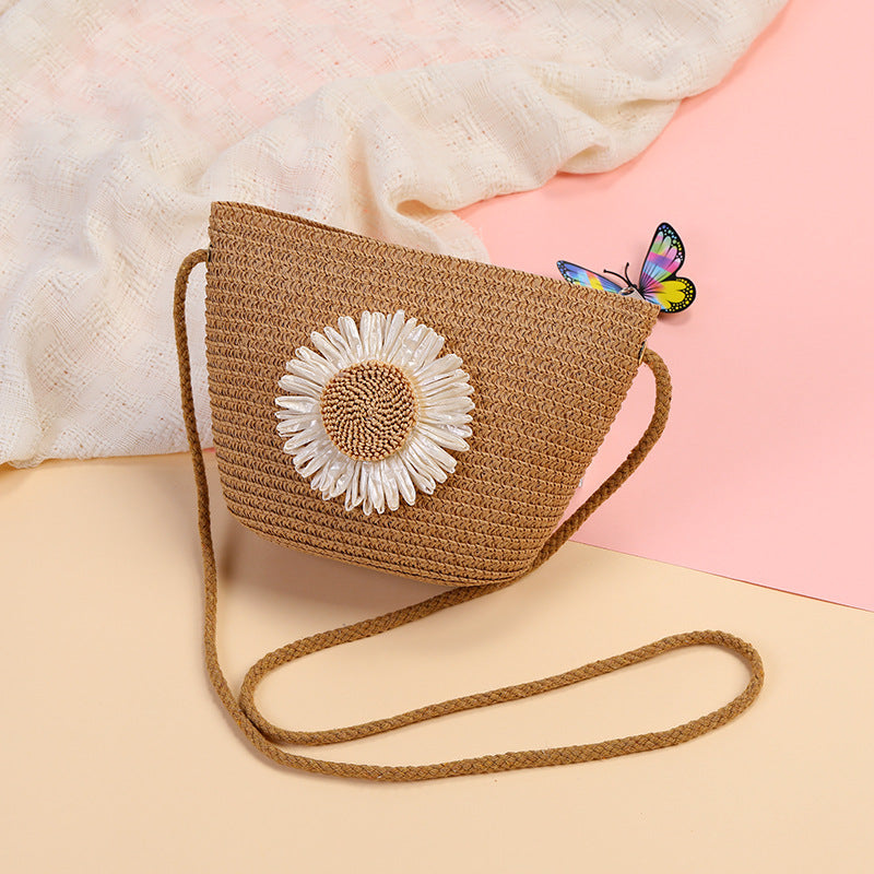 Cute Flowers Braid Straw Unisex Children's Coin Purse Featuring Wear-Resistant Material