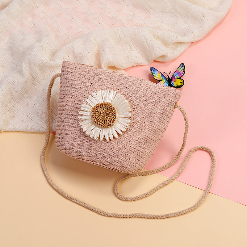 Cute Flowers Braid Straw Unisex Children's Coin Purse Featuring Wear-Resistant Material