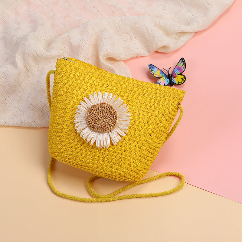 Cute Flowers Braid Straw Unisex Children's Coin Purse Featuring Wear-Resistant Material
