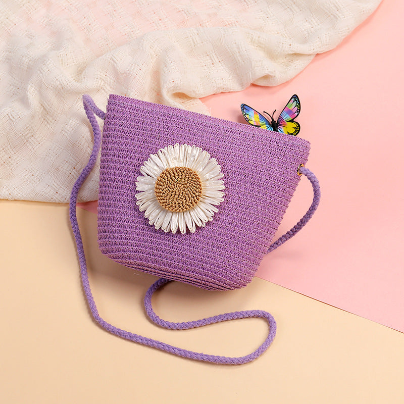 Cute Flowers Braid Straw Unisex Children's Coin Purse Featuring Wear-Resistant Material