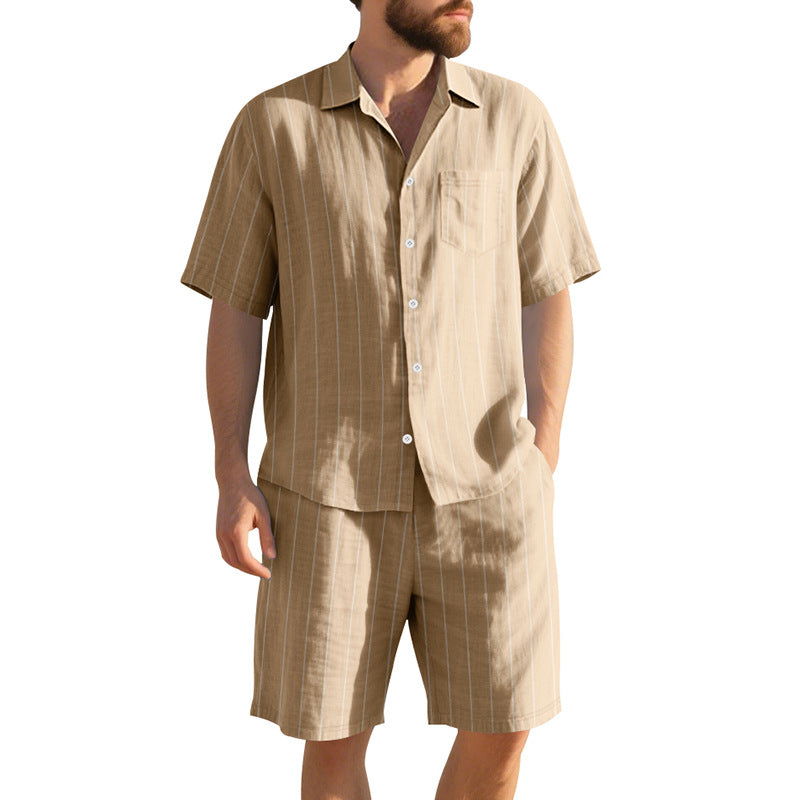Men's Dyed Black Linen Stripe Shorts Co-ord Set With Jacquard Craft For Beach Occasion