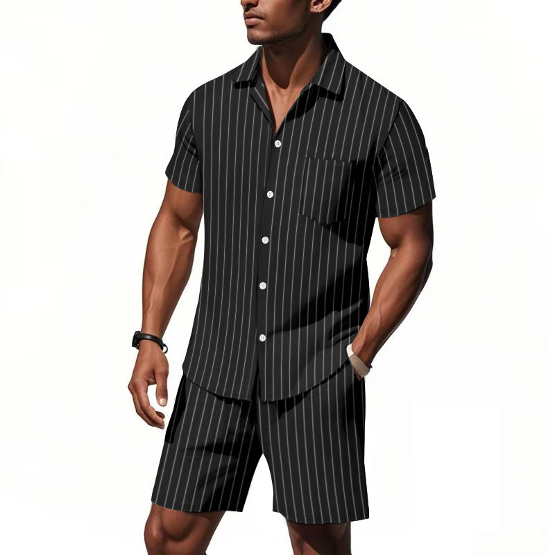Men's Dyed Black Linen Stripe Shorts Co-ord Set With Jacquard Craft For Beach Occasion