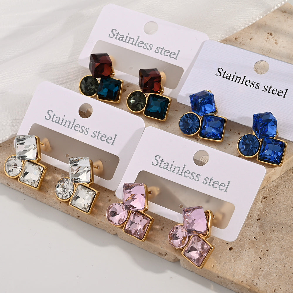 Fashionable Geometric Square Round Earrings 304 Stainless Steel Plated With Water Diamonds Casual Elegant Hoop Earrings For Women
