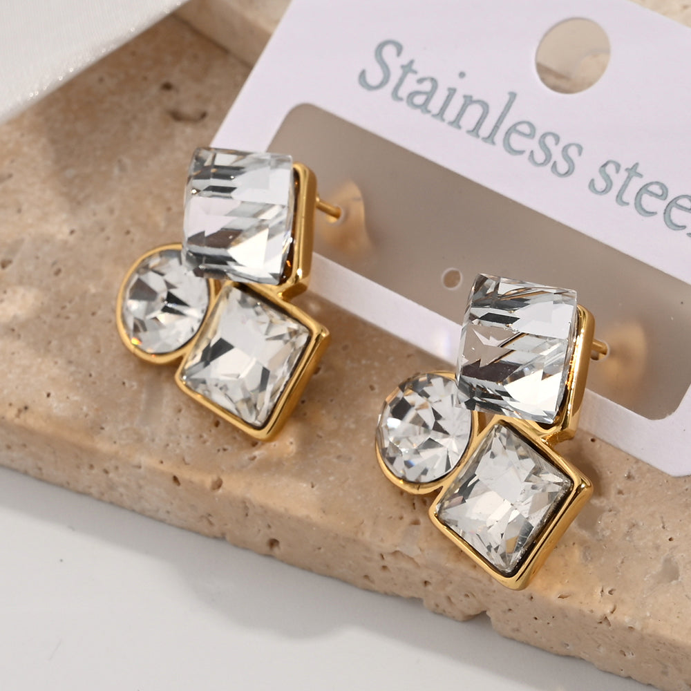 Fashionable Geometric Square Round Earrings 304 Stainless Steel Plated With Water Diamonds Casual Elegant Hoop Earrings For Women