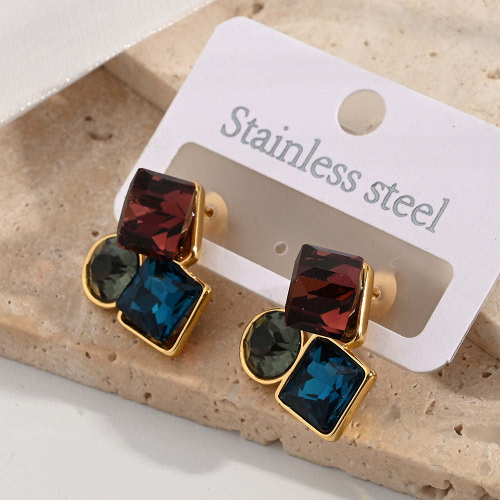 Fashionable Geometric Square Round Earrings 304 Stainless Steel Plated With Water Diamonds Casual Elegant Hoop Earrings For Women