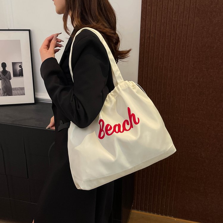 New Style Large Capacity Nylon Letter Print Women's Shoulder Bag Casual Portable Drawstring Tote Bag City Simple Love Shape