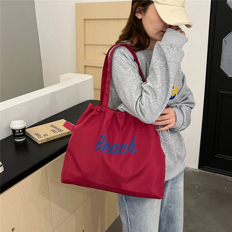 New Style Large Capacity Nylon Letter Print Women's Shoulder Bag Casual Portable Drawstring Tote Bag City Simple Love Shape