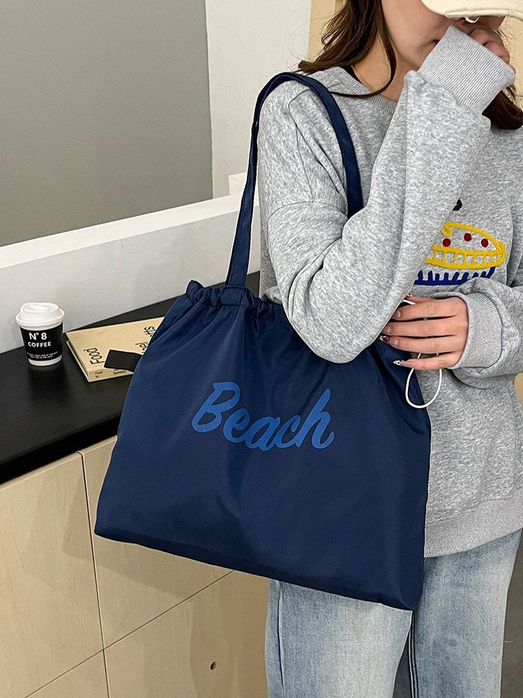 New Style Large Capacity Nylon Letter Print Women's Shoulder Bag Casual Portable Drawstring Tote Bag City Simple Love Shape