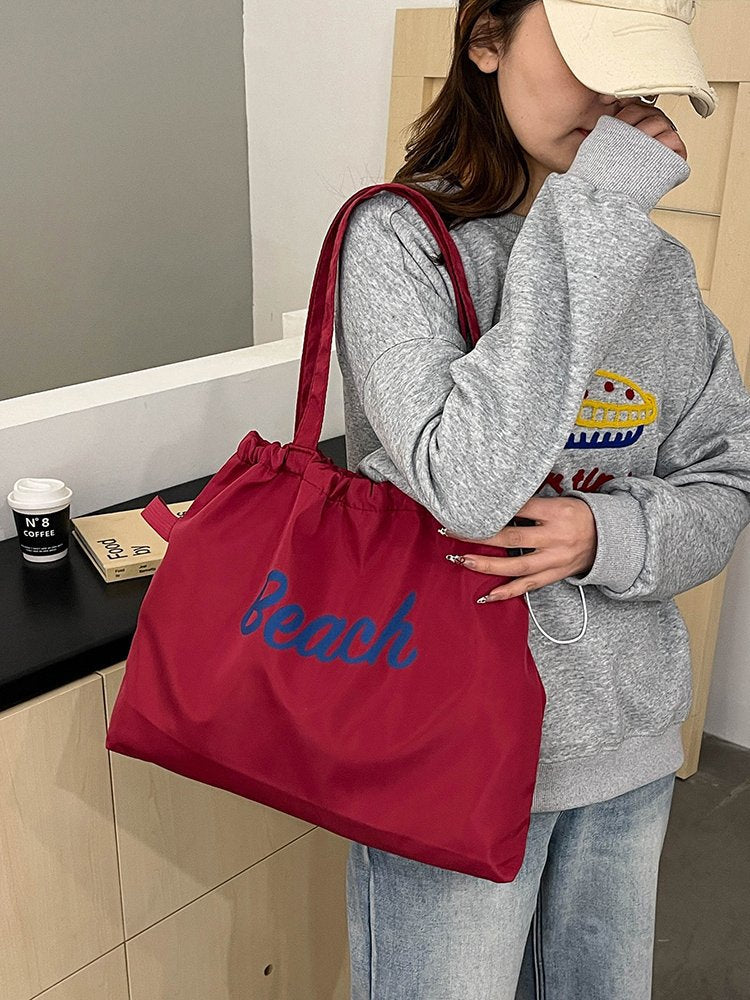 New Style Large Capacity Nylon Letter Print Women's Shoulder Bag Casual Portable Drawstring Tote Bag City Simple Love Shape